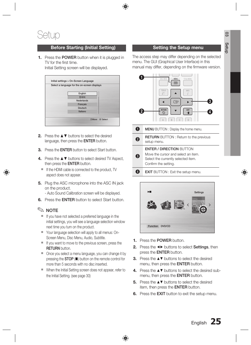 Setup, Before starting (initial setting), Setting the setup menu | Samsung AH68-02333R User Manual | Page 25 / 50