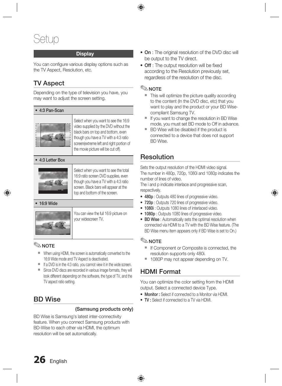 Display, Setup, Bd wise | Resolution, Tv aspect, Hdmi format | Samsung AH68-02333R User Manual | Page 26 / 50