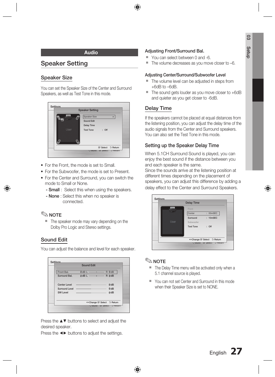 Audio, Speaker setting, English | Speaker size, Sound edit, Delay time, Setting up the speaker delay time | Samsung AH68-02333R User Manual | Page 27 / 50