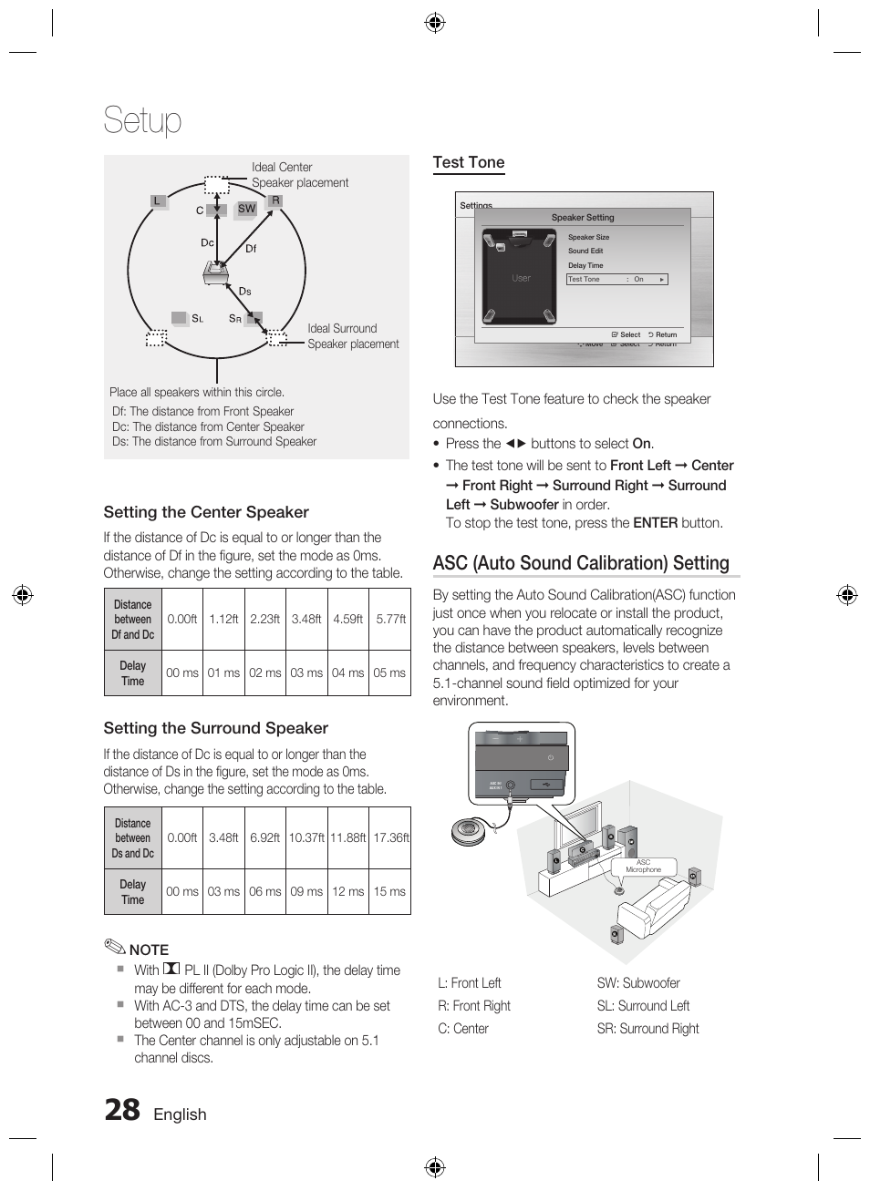 Setup, Asc (auto sound calibration) setting | Samsung AH68-02333R User Manual | Page 28 / 50