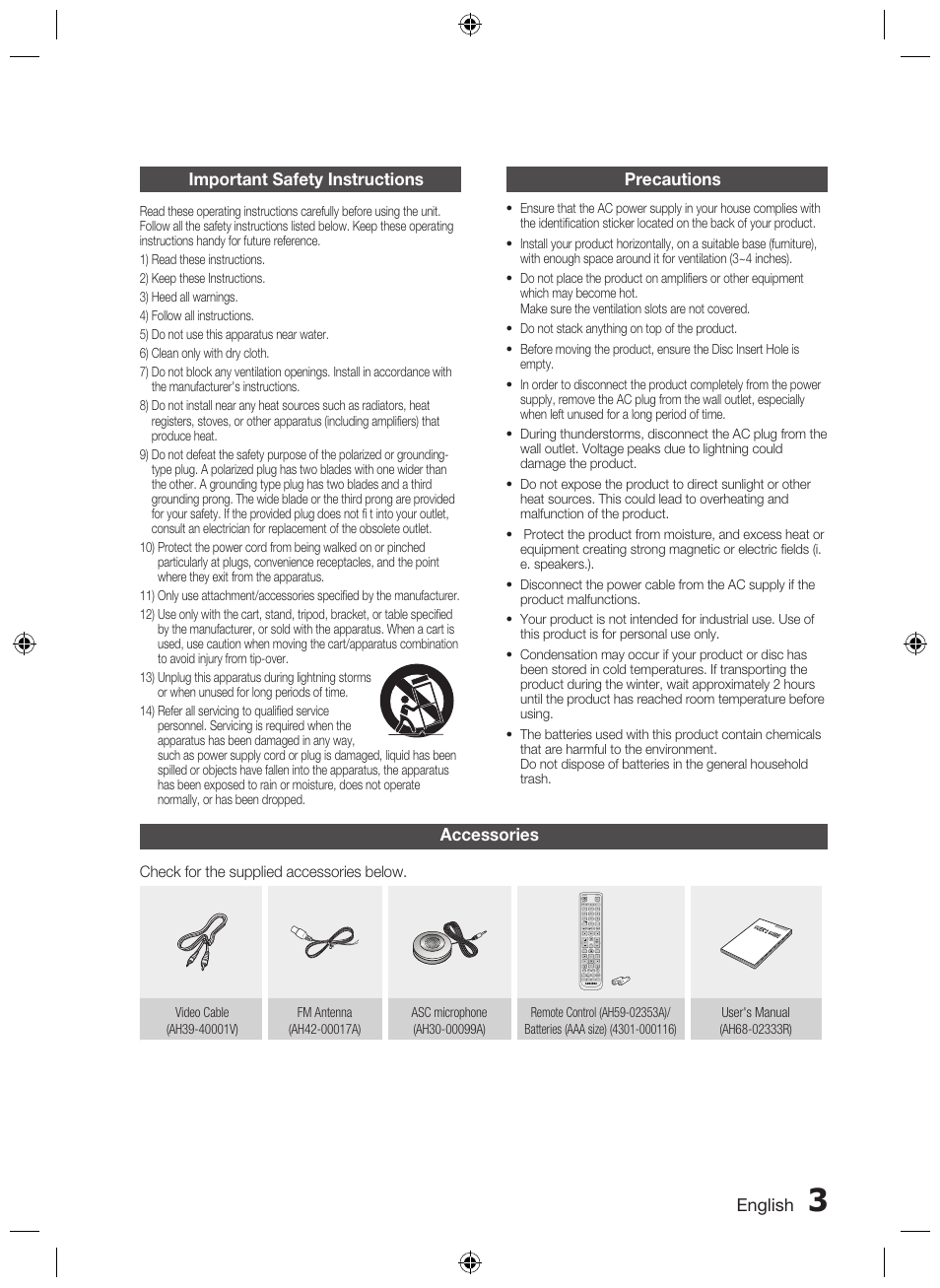 Important safety instructions, Precautions, Accessories | English | Samsung AH68-02333R User Manual | Page 3 / 50