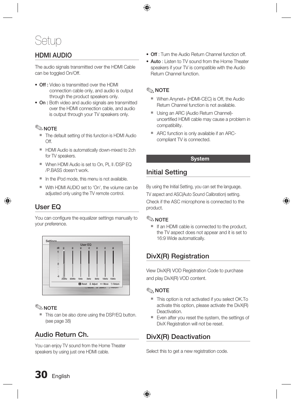 System, Setup, Hdmi audio | User eq, Audio return ch, Initial setting, Divx(r) registration, Divx(r) deactivation | Samsung AH68-02333R User Manual | Page 30 / 50