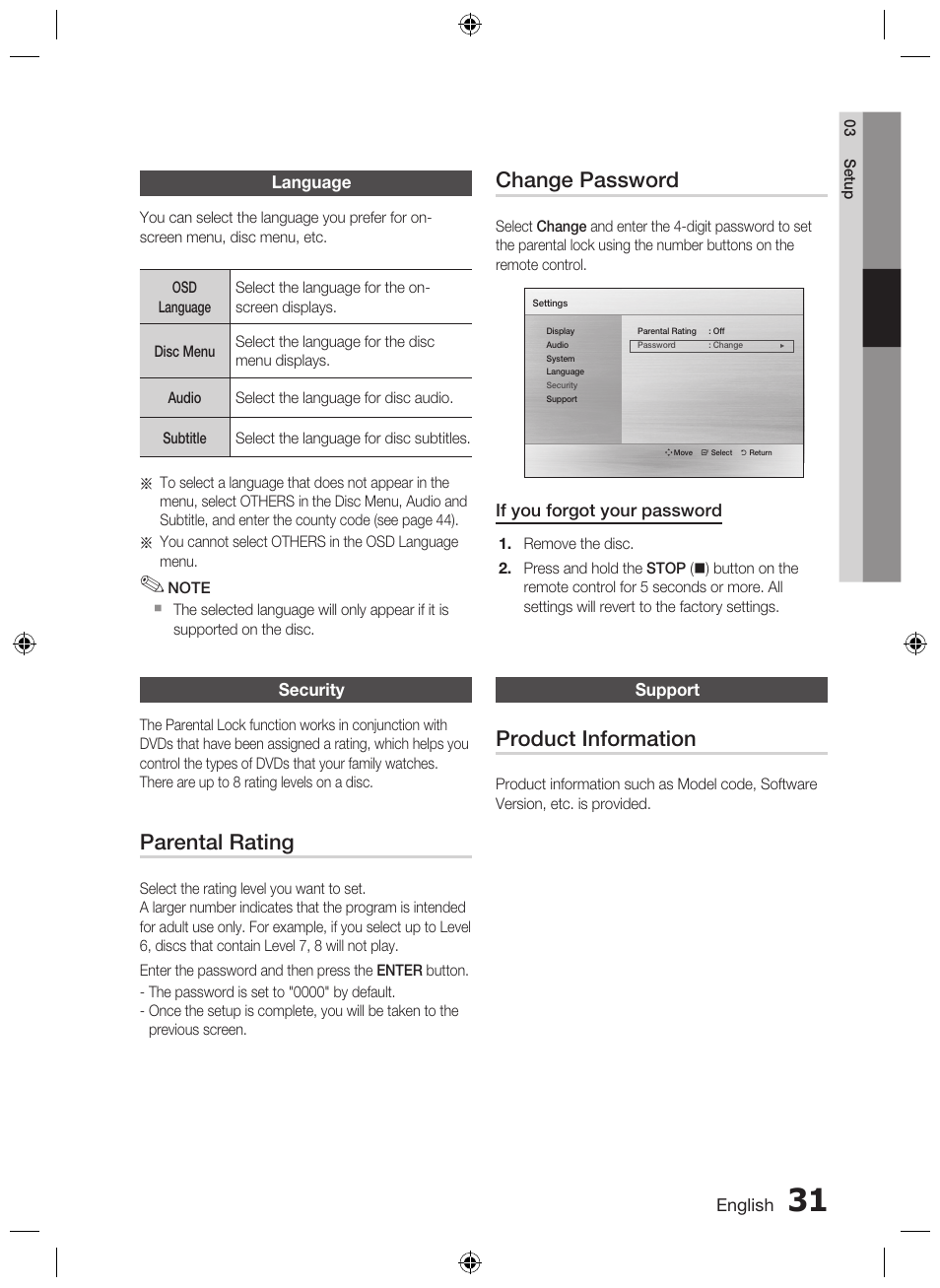 Language, Security, Support | Parental rating, Change password, Product information | Samsung AH68-02333R User Manual | Page 31 / 50