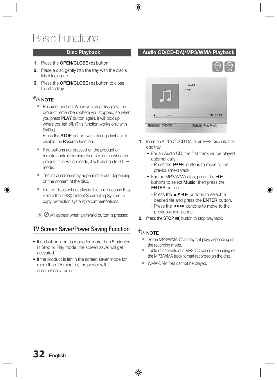 Disc playback, Audio cd(cd-da)/mp3/wma playback, Basic functions | Tv screen saver/power saving function | Samsung AH68-02333R User Manual | Page 32 / 50