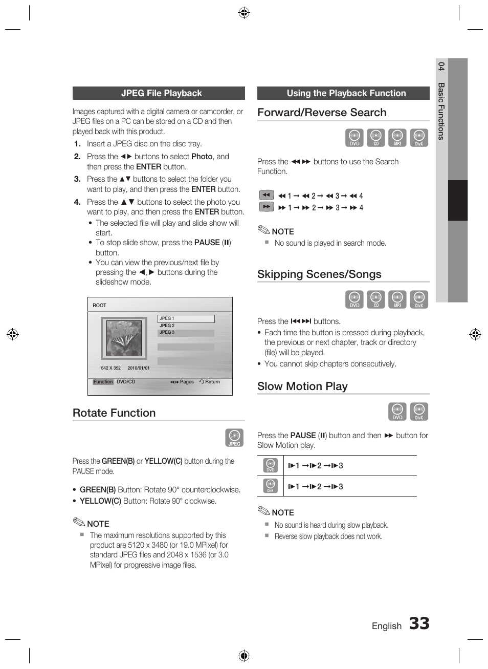 Jpeg file playback, Using the playback function, Dbad | Samsung AH68-02333R User Manual | Page 33 / 50