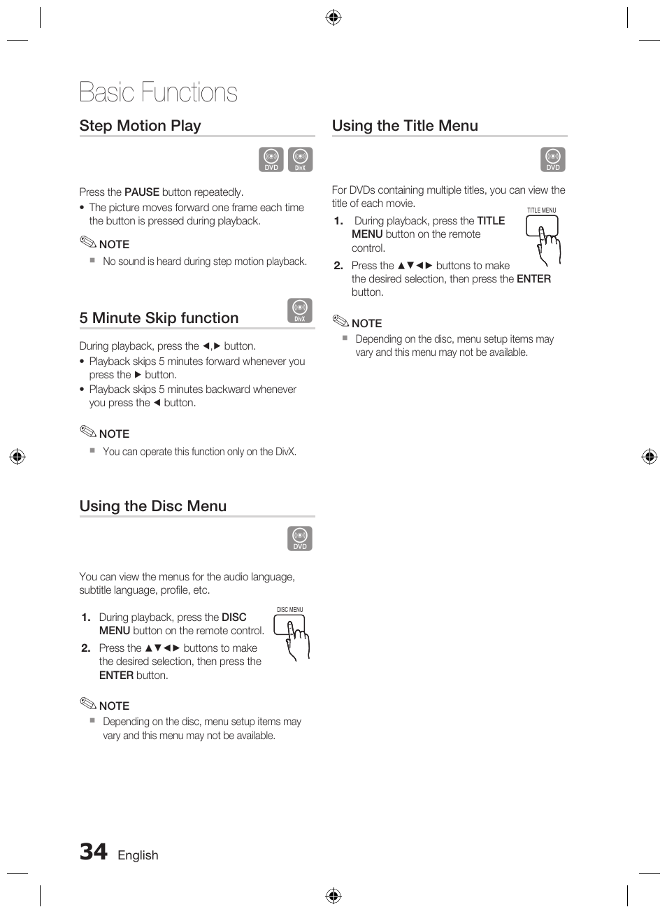 Basic functions, Step motion play, 5 minute skip function | Using the disc menu, Using the title menu | Samsung AH68-02333R User Manual | Page 34 / 50