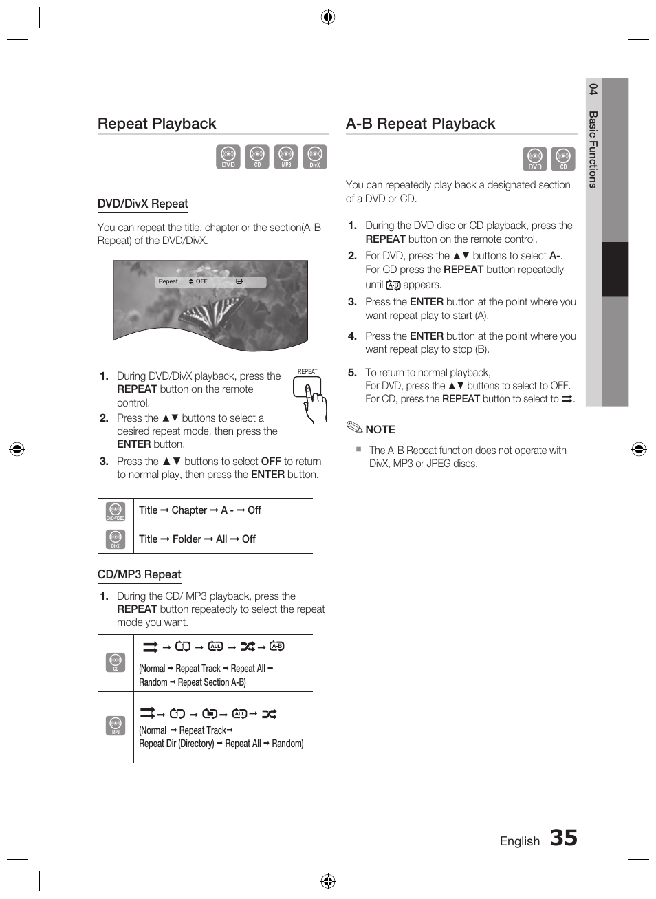 Dbad, Repeat playback, A-b repeat playback | Samsung AH68-02333R User Manual | Page 35 / 50