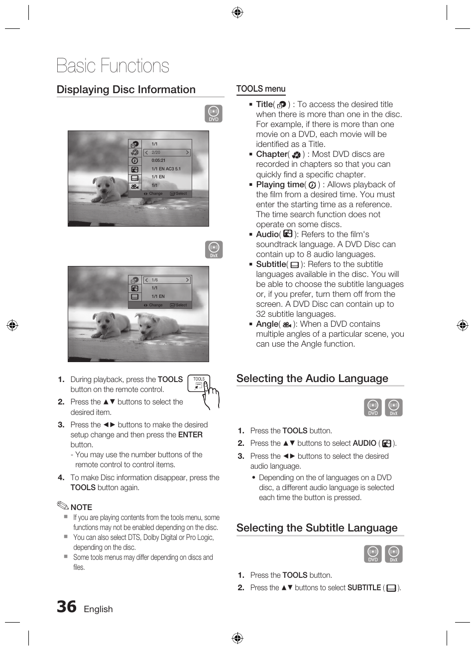 Basic functions, Displaying disc information, Selecting the audio language | Selecting the subtitle language | Samsung AH68-02333R User Manual | Page 36 / 50