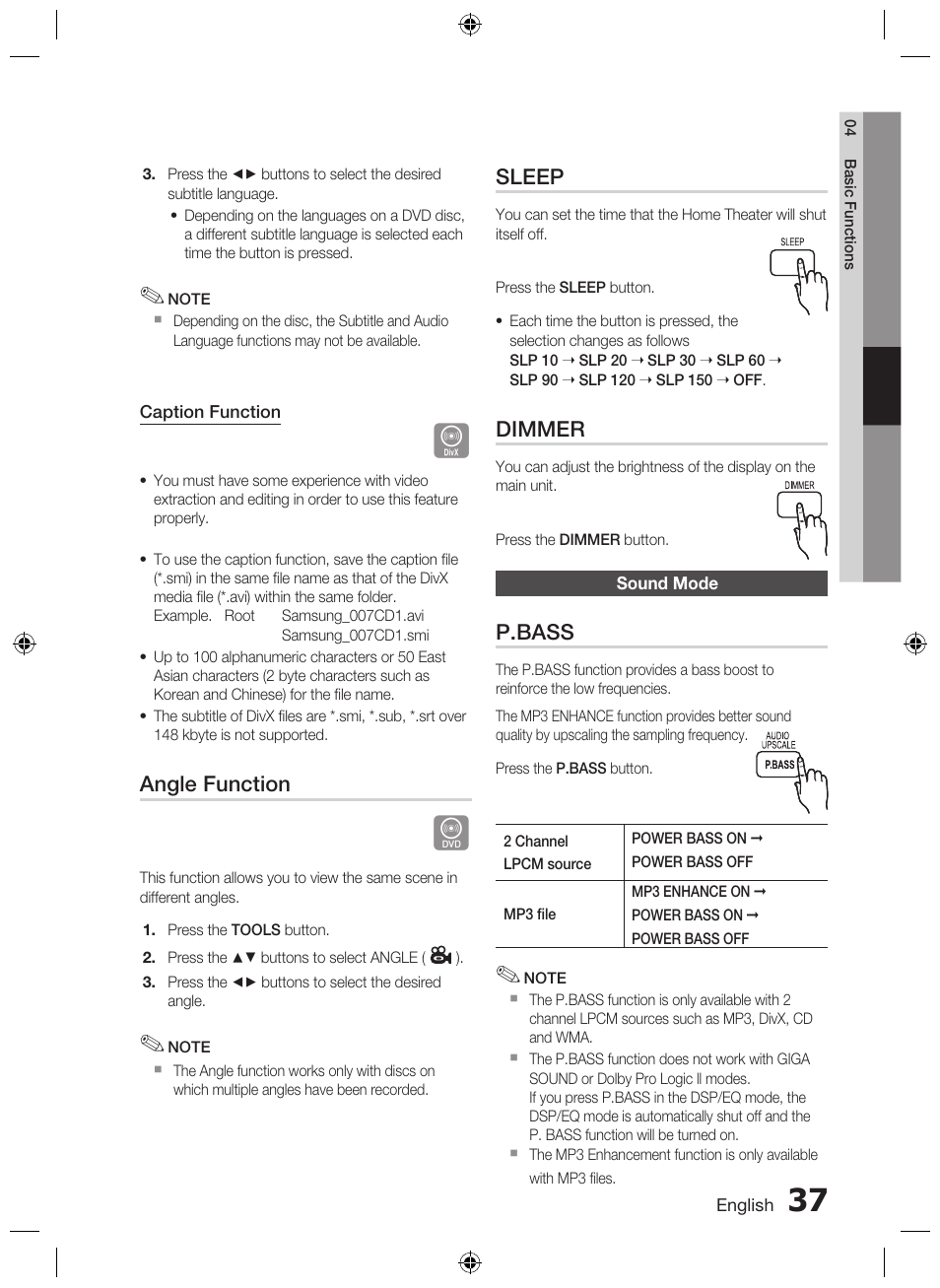 Sound mode, Angle function, Sleep | Dimmer, P.bass | Samsung AH68-02333R User Manual | Page 37 / 50