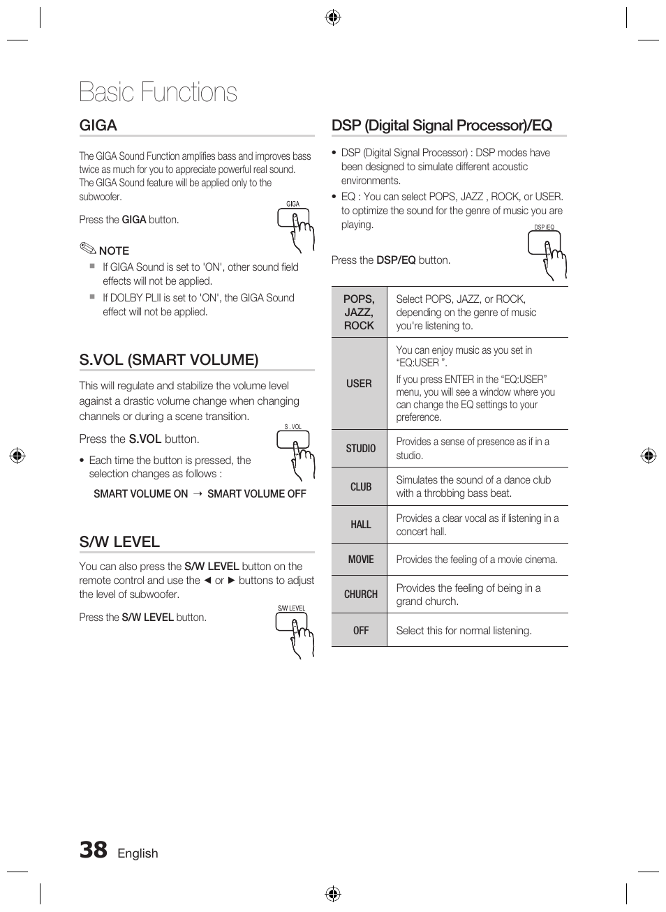 Basic functions, Giga, S.vol (smart volume) | S/w level, Dsp (digital signal processor)/eq | Samsung AH68-02333R User Manual | Page 38 / 50