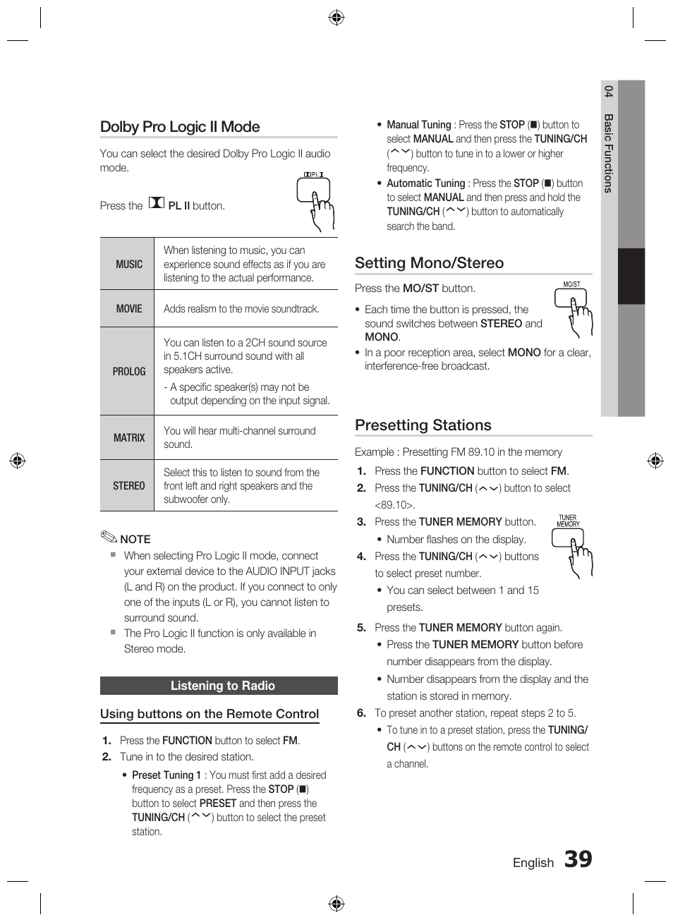 Listening to radio, Dolby pro logic ii mode, Setting mono/stereo | Presetting stations | Samsung AH68-02333R User Manual | Page 39 / 50