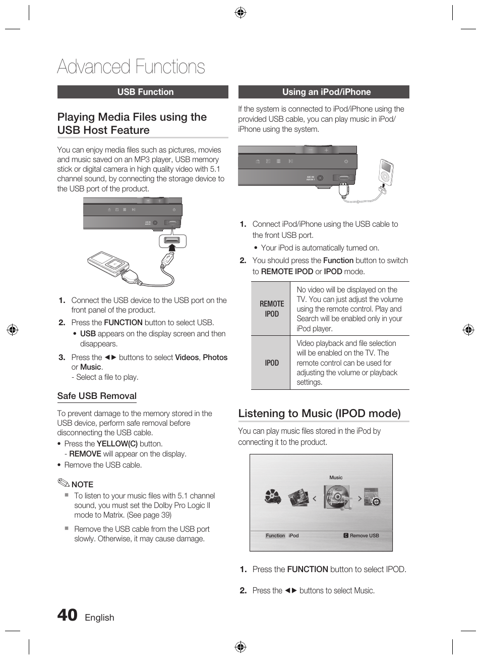 Advanced functions, Usb function, Using an ipod/iphone | Playing media files using the usb host feature, Listening to music (ipod mode) | Samsung AH68-02333R User Manual | Page 40 / 50