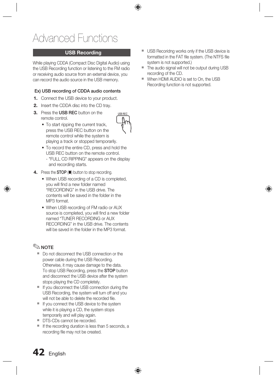 Usb recording, Advanced functions | Samsung AH68-02333R User Manual | Page 42 / 50