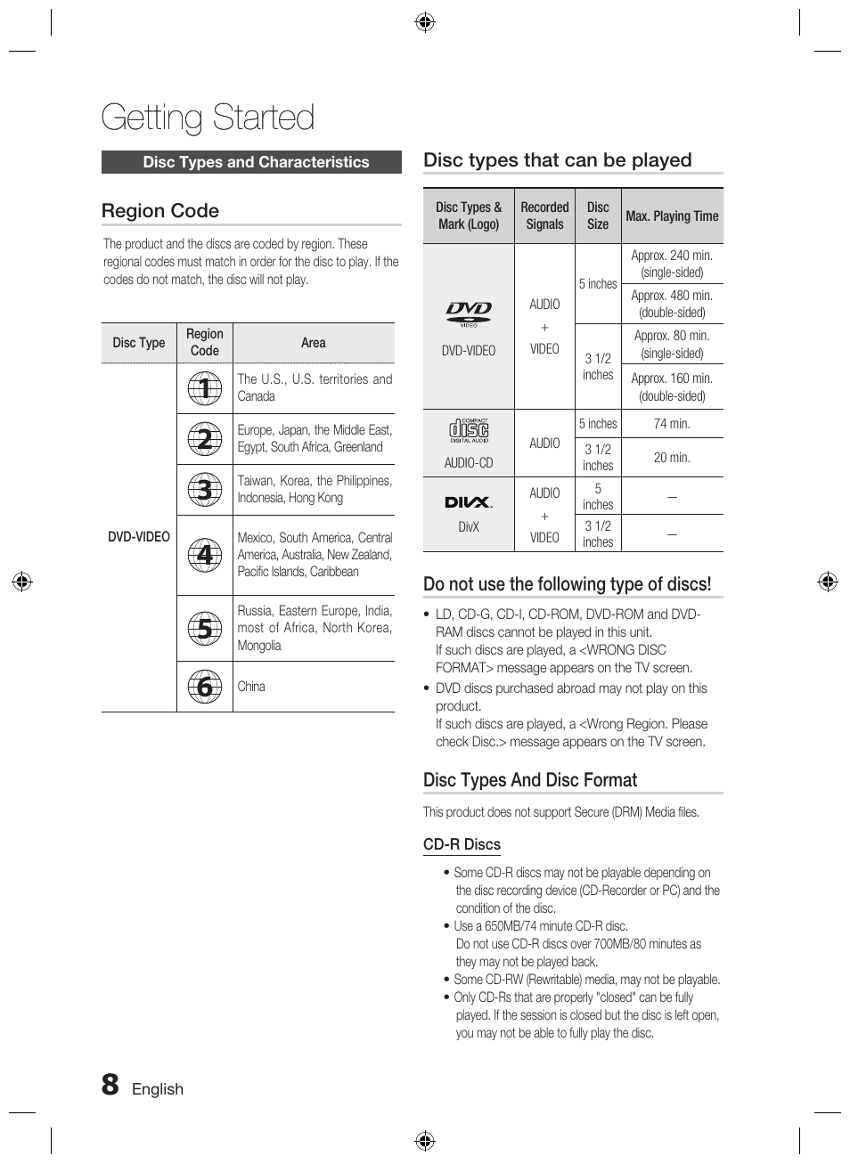 Disc types and characteristics, Getting started | Samsung AH68-02333R User Manual | Page 8 / 50