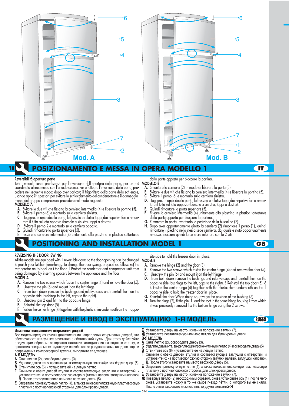 Размещение и ввод в эксплуатацию 1-я модель, Mod. a, Mod. b | 10 russo it gb | Ardo DP23SA - DP24SA - DP28SA User Manual | Page 10 / 40