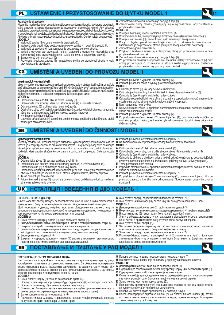 Umístùní a uvedení do provozu model 1, Pl 11 cz sk uk sr | Ardo DP23SA - DP24SA - DP28SA User Manual | Page 11 / 40