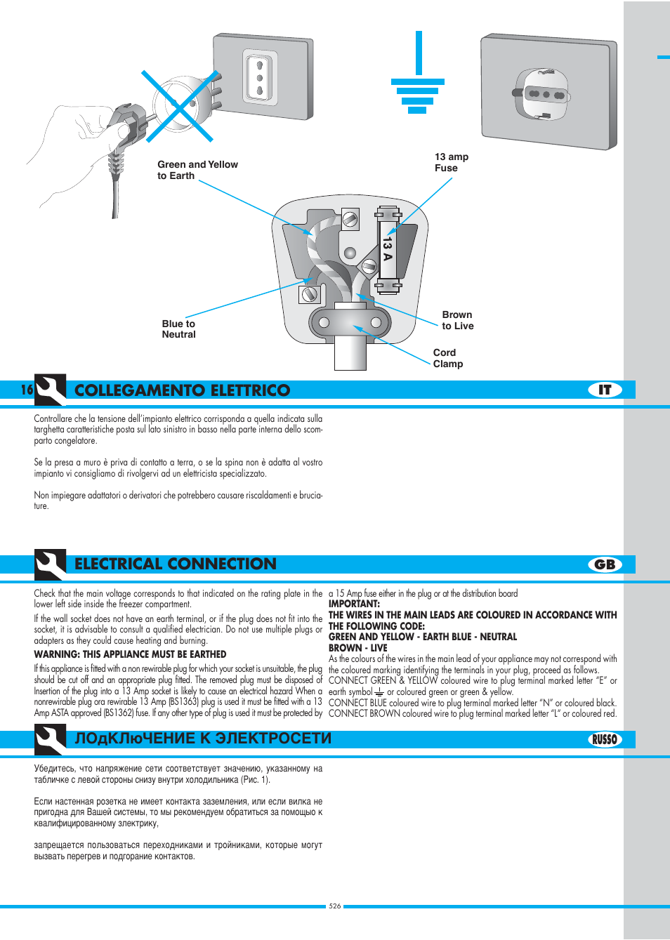 Collegamento elettrico electrical connection, Лoдkлючehиe k элektpocetи | Ardo DP23SA - DP24SA - DP28SA User Manual | Page 16 / 40