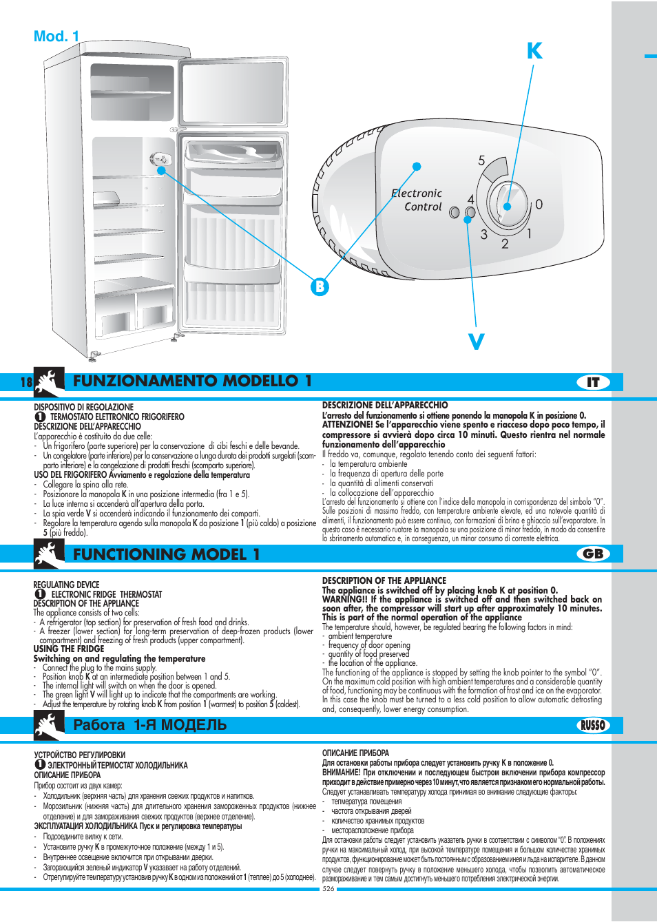 Funzionamento modello 1 mod. 1, Bfunctioning model 1 работа 1-я модель, 18 russo it gb | Ardo DP23SA - DP24SA - DP28SA User Manual | Page 18 / 40