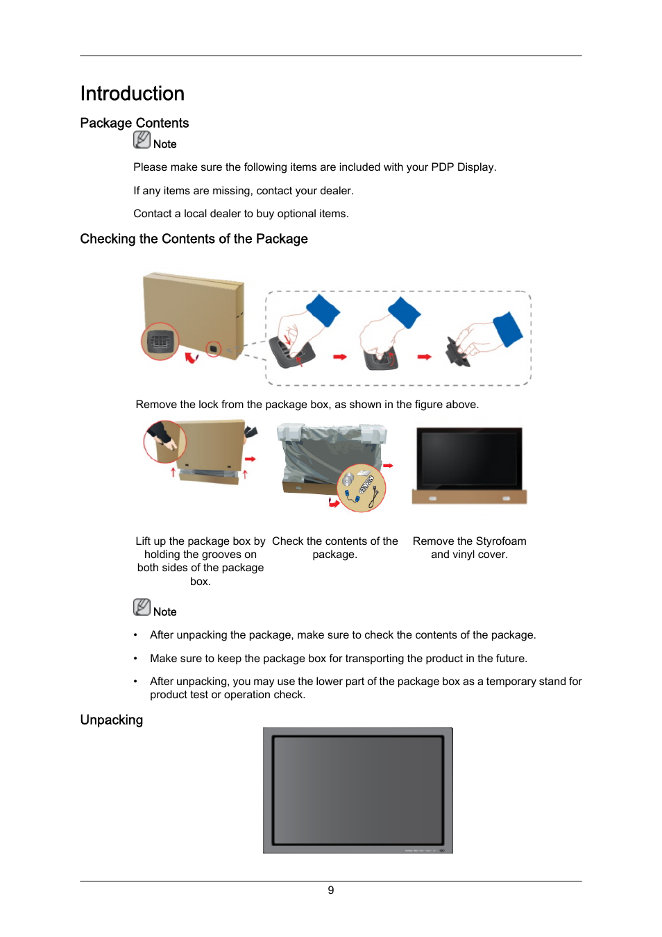 Introduction, Package contents, Checking the contents of the package | Unpacking | Samsung P63FP-2 User Manual | Page 10 / 117