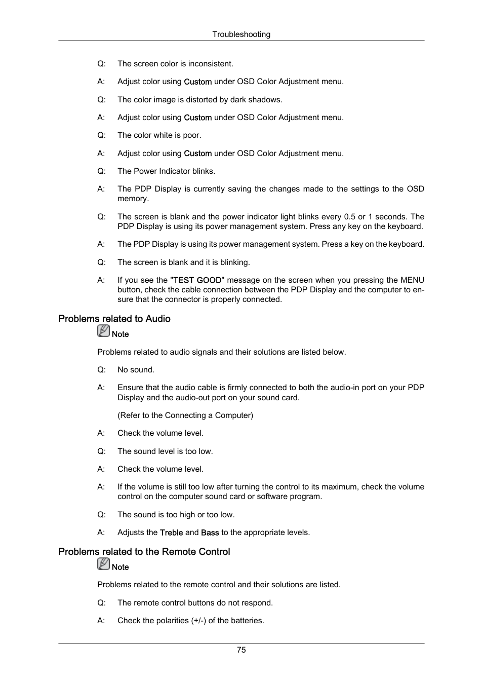 Problems related to audio, Problems related to the remote control | Samsung P63FP-2 User Manual | Page 101 / 117