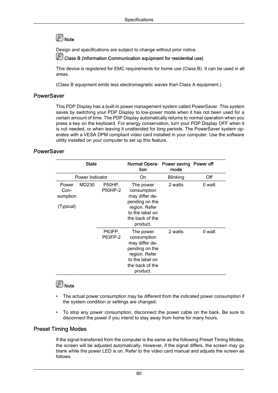 Powersaver, Preset timing modes | Samsung P63FP-2 User Manual | Page 106 / 117
