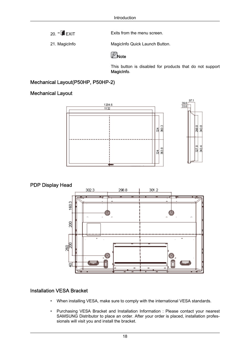 Mechanical layout(p50hp, p50hp-2), Mechanical layout, Pdp display head | Installation vesa bracket | Samsung P63FP-2 User Manual | Page 19 / 117