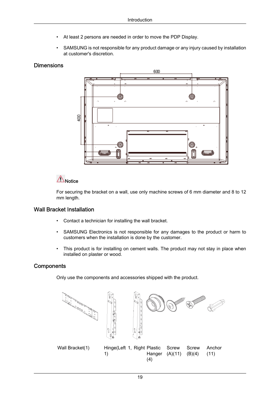 Dimensions, Wall bracket installation, Components | Samsung P63FP-2 User Manual | Page 20 / 117