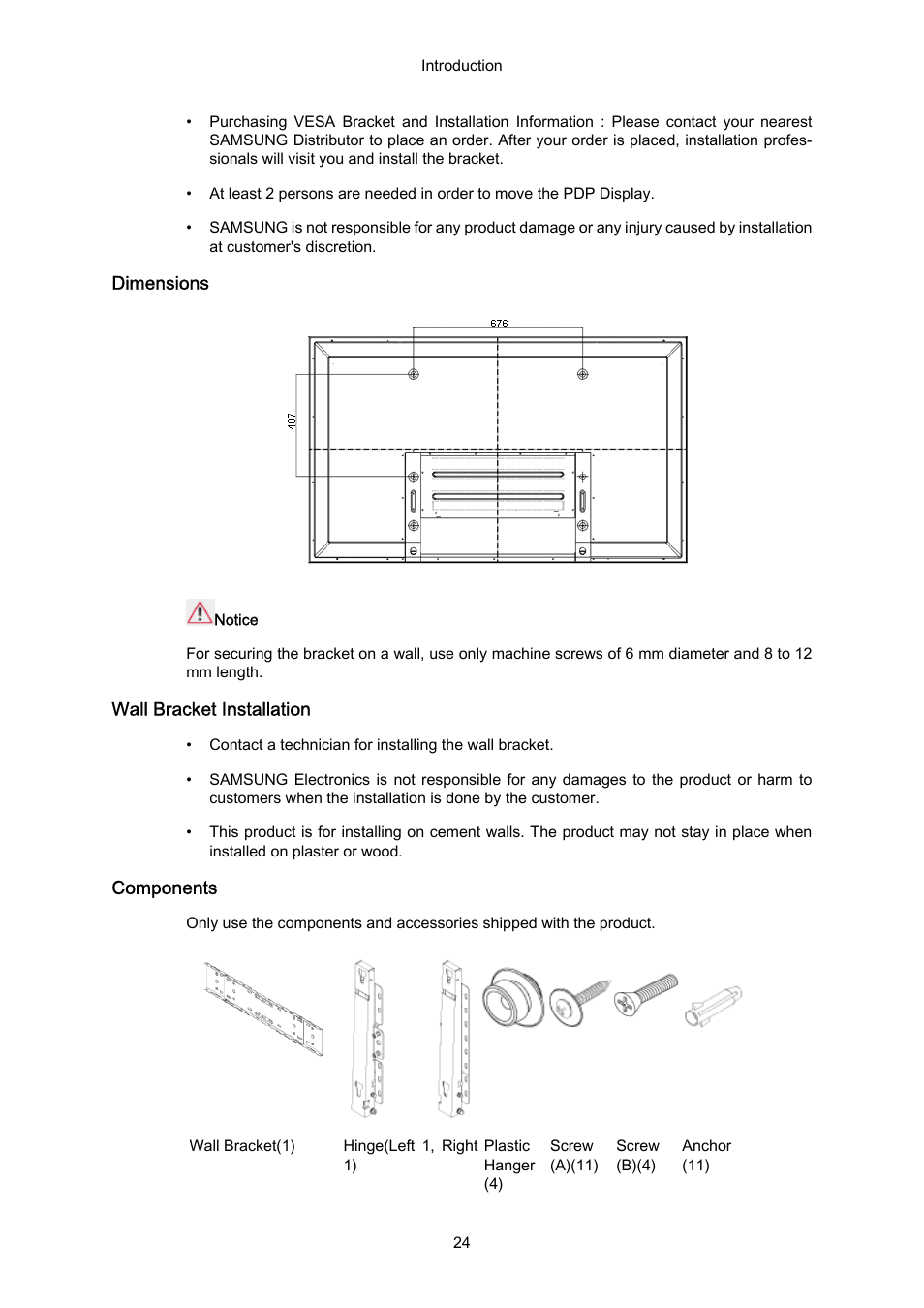 Dimensions, Wall bracket installation, Components | Samsung P63FP-2 User Manual | Page 25 / 117