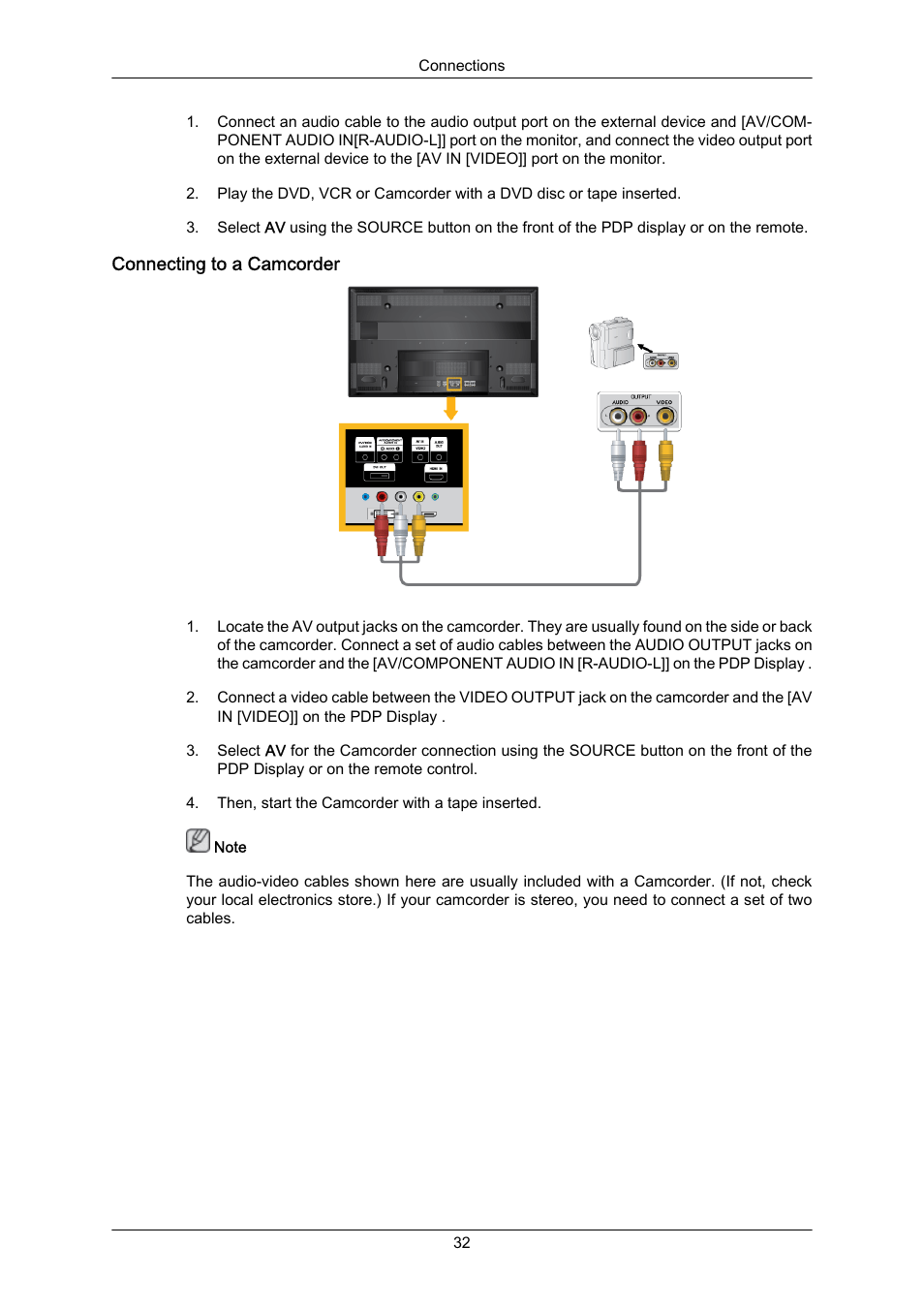 Connecting to a camcorder | Samsung P63FP-2 User Manual | Page 33 / 117