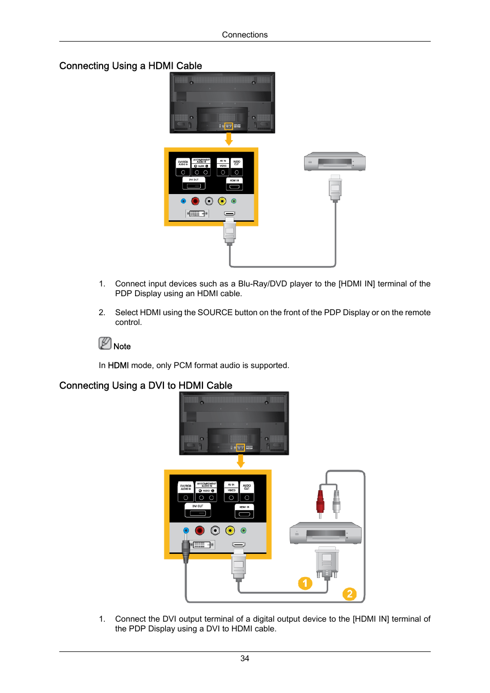 Connecting using a hdmi cable, Connecting using a dvi to hdmi cable | Samsung P63FP-2 User Manual | Page 35 / 117