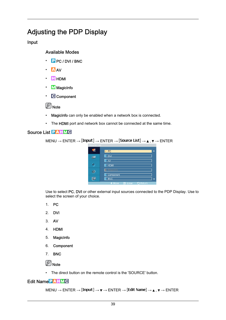 Adjusting the pdp display, Input, Source list | Edit name | Samsung P63FP-2 User Manual | Page 65 / 117