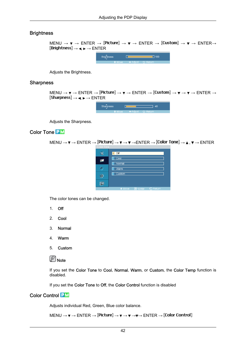 Brightness, Sharpness, Color tone | Color control | Samsung P63FP-2 User Manual | Page 68 / 117