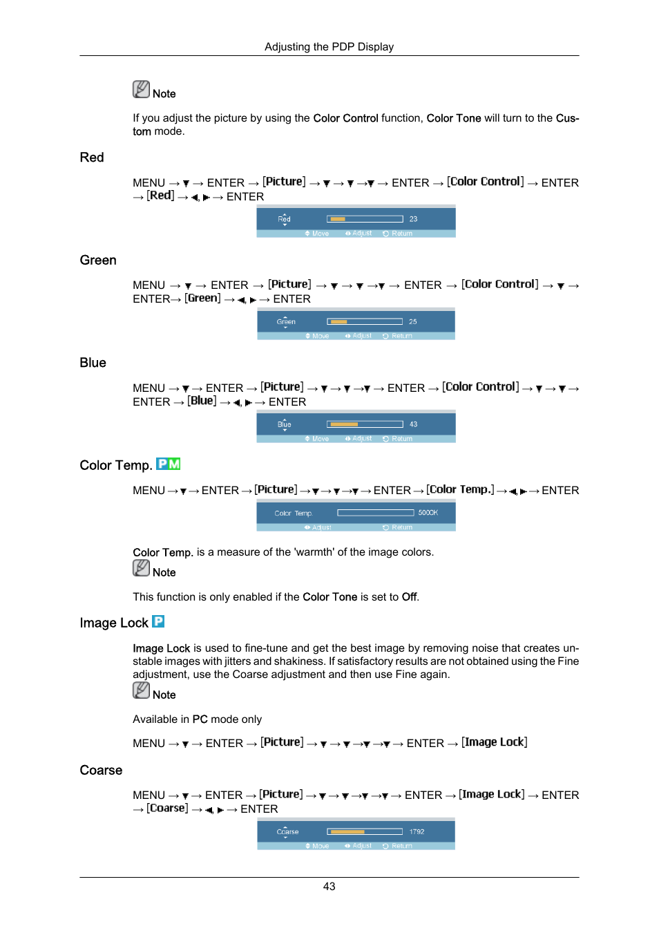 Green, Blue, Color temp | Image lock, Coarse | Samsung P63FP-2 User Manual | Page 69 / 117