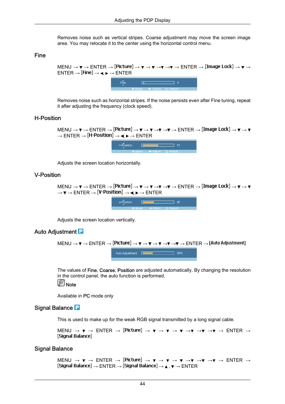 Fine, H-position, V-position | Auto adjustment, Signal balance | Samsung P63FP-2 User Manual | Page 70 / 117