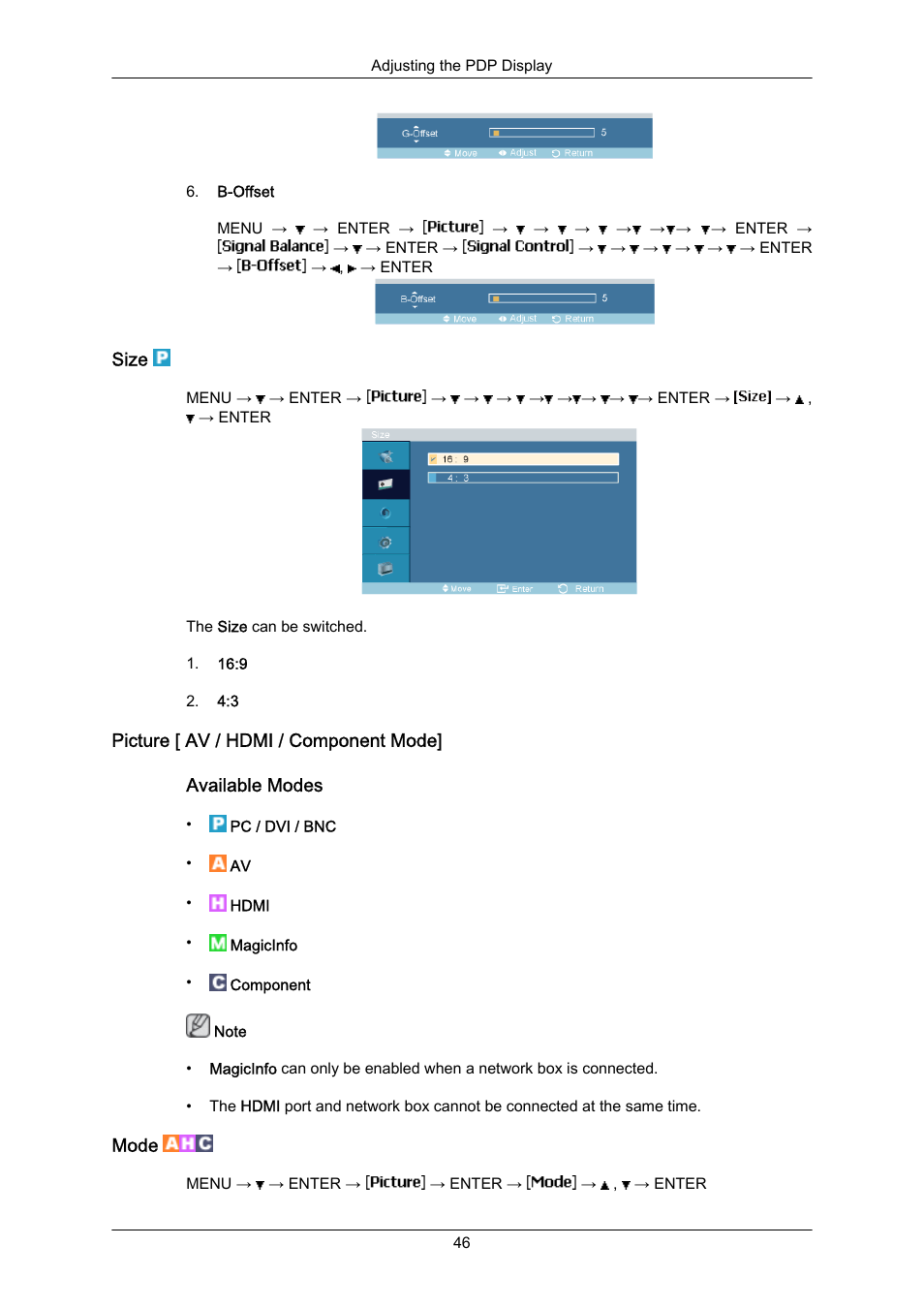 Size, Picture [ av / hdmi / component mode, Mode | Samsung P63FP-2 User Manual | Page 72 / 117