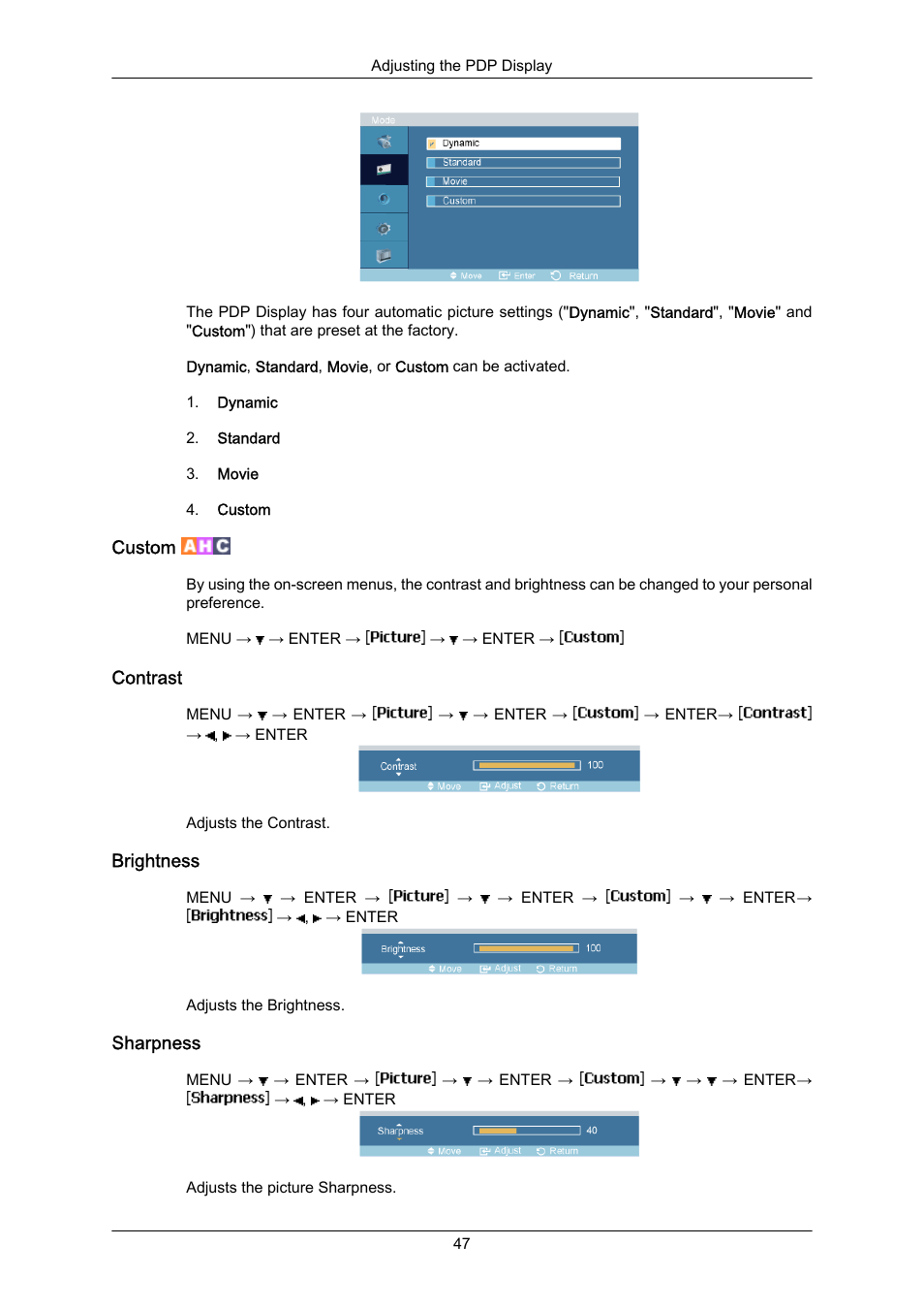 Custom, Contrast, Brightness | Sharpness | Samsung P63FP-2 User Manual | Page 73 / 117