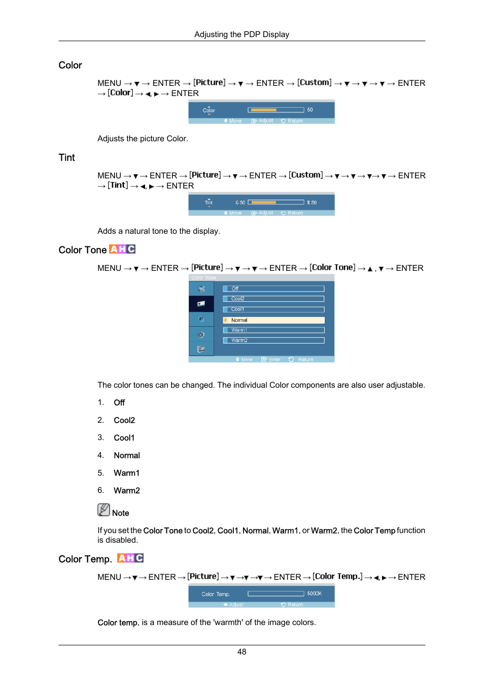 Color, Tint, Color tone | Color temp | Samsung P63FP-2 User Manual | Page 74 / 117