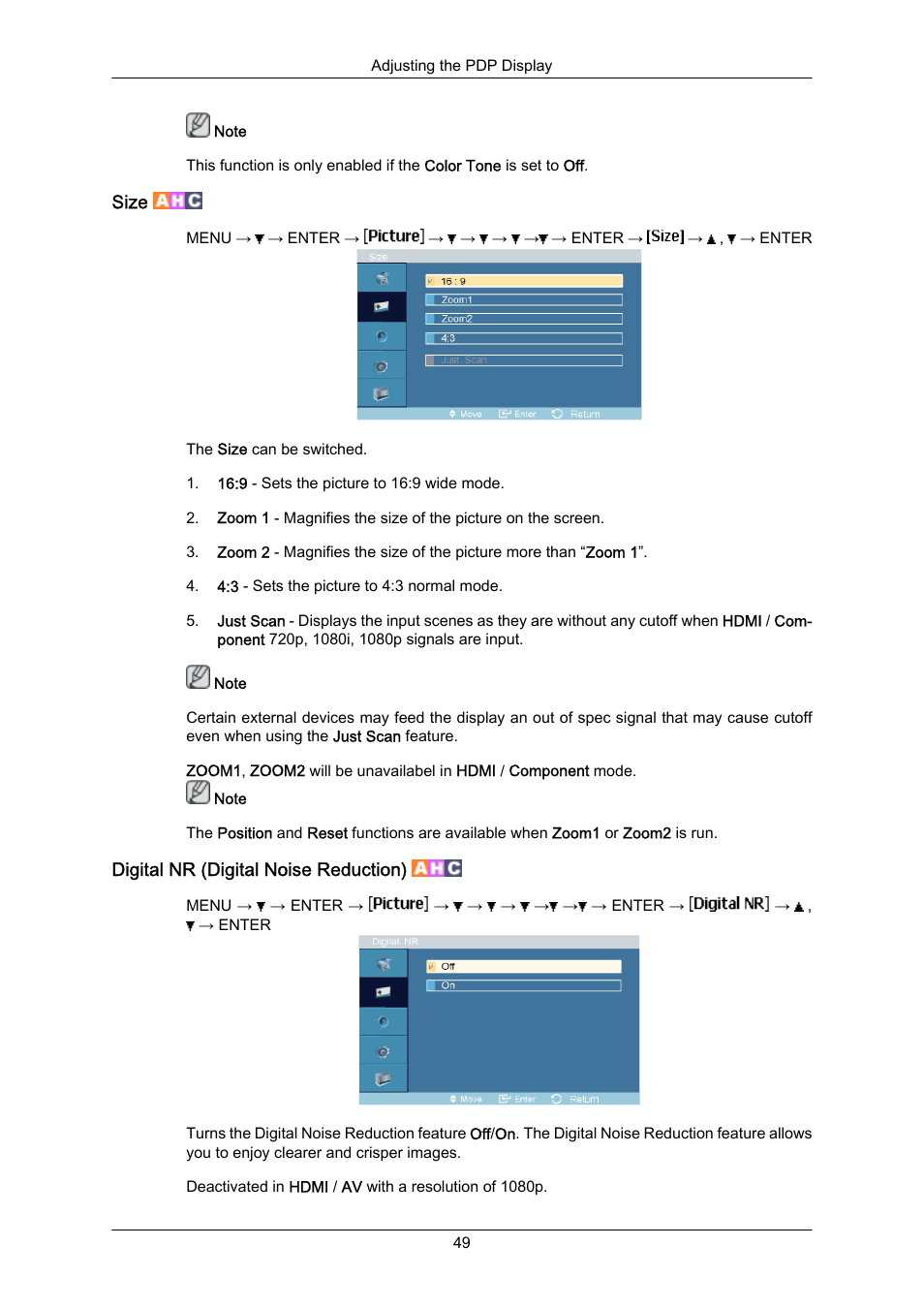 Size, Digital nr (digital noise reduction) | Samsung P63FP-2 User Manual | Page 75 / 117