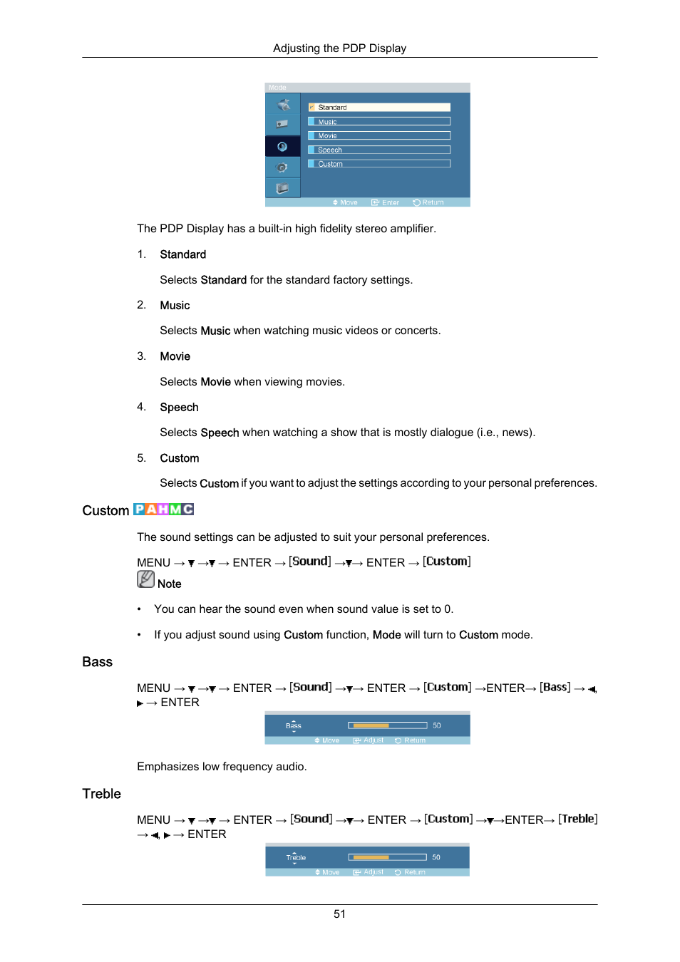 Custom, Bass, Treble | Samsung P63FP-2 User Manual | Page 77 / 117