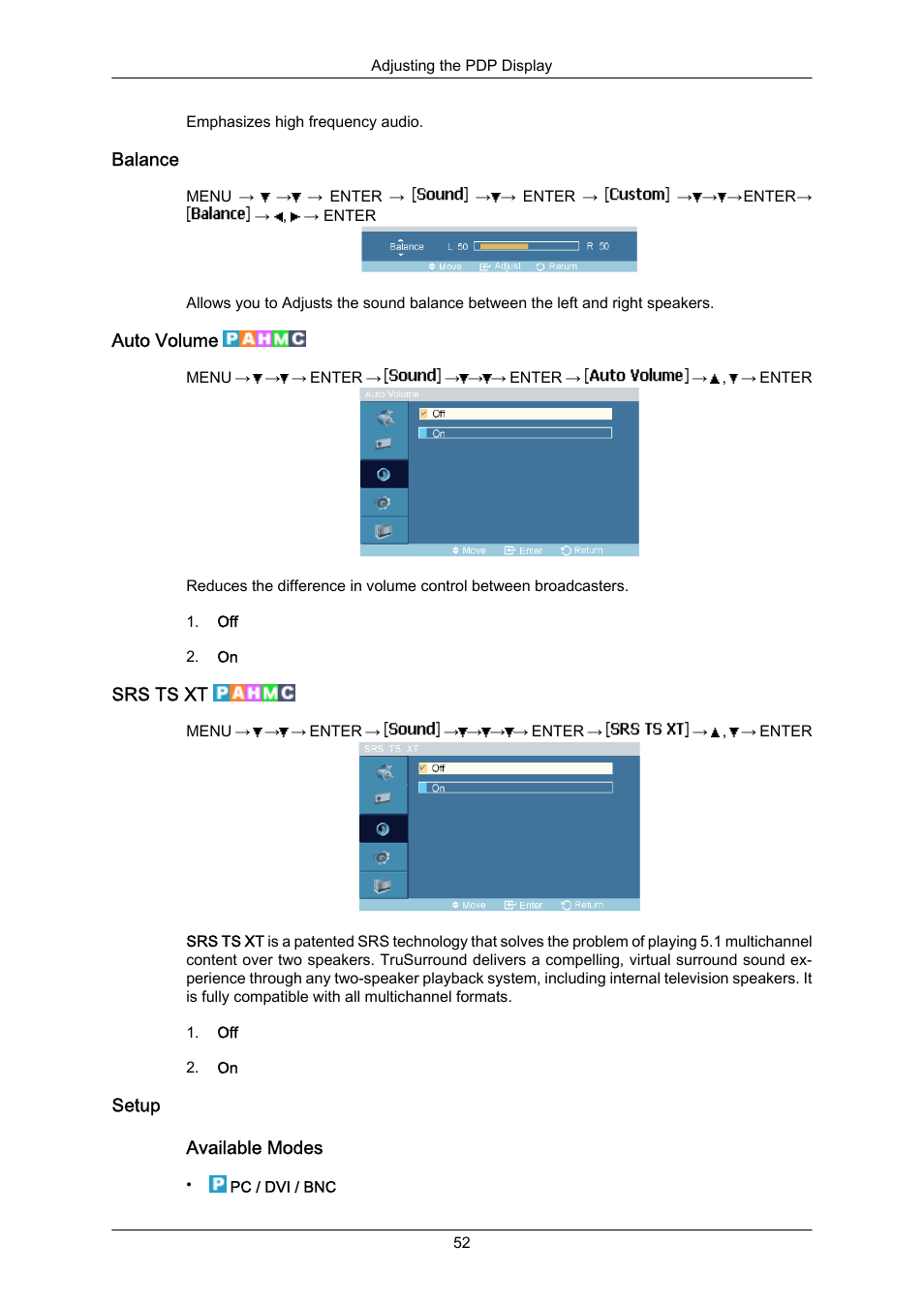 Balance, Auto volume, Srs ts xt | Setup | Samsung P63FP-2 User Manual | Page 78 / 117