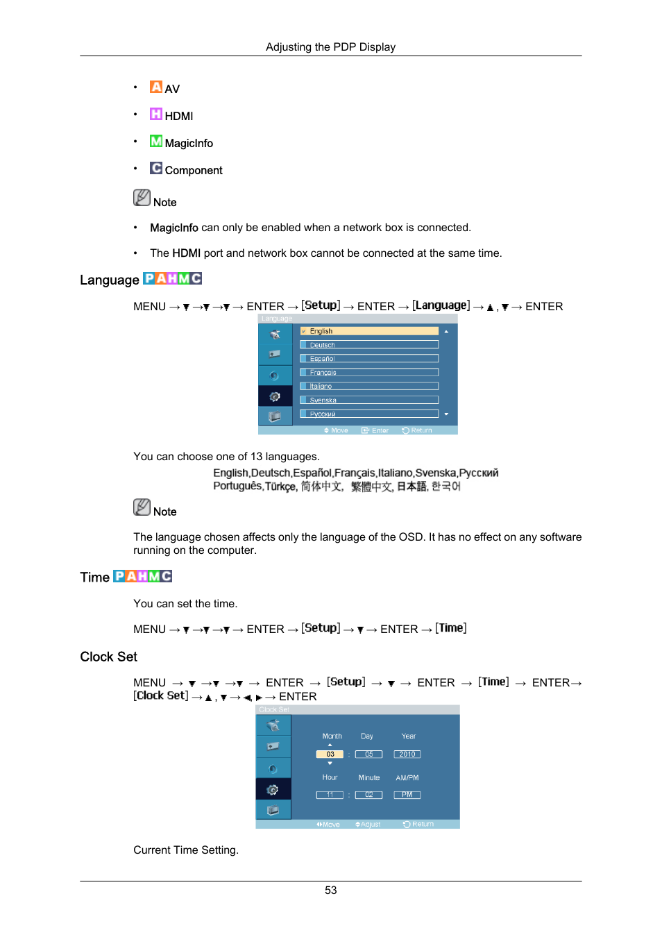 Language, Time, Clock set | Samsung P63FP-2 User Manual | Page 79 / 117