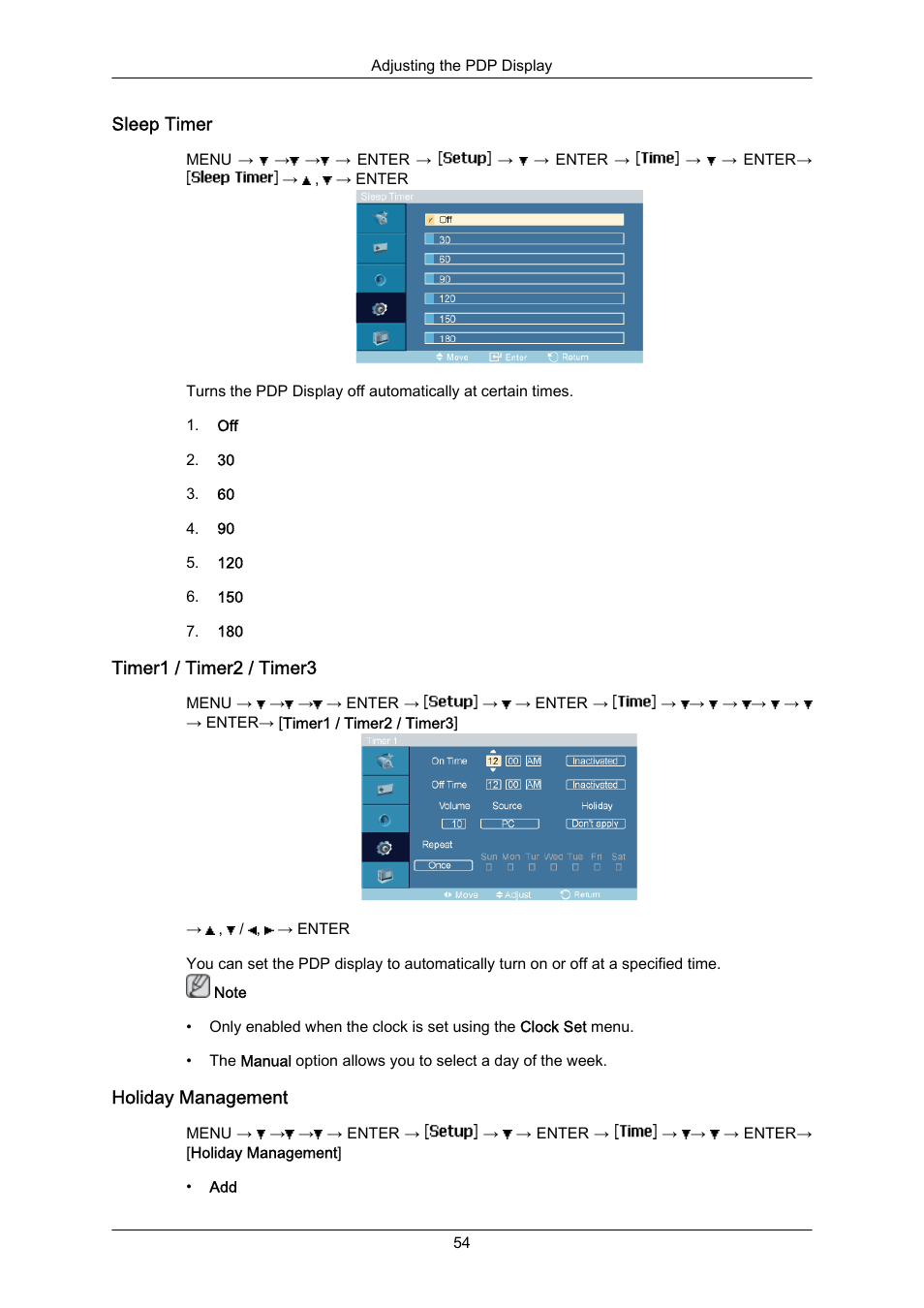 Sleep timer, Timer1 / timer2 / timer3, Holiday management | Samsung P63FP-2 User Manual | Page 80 / 117