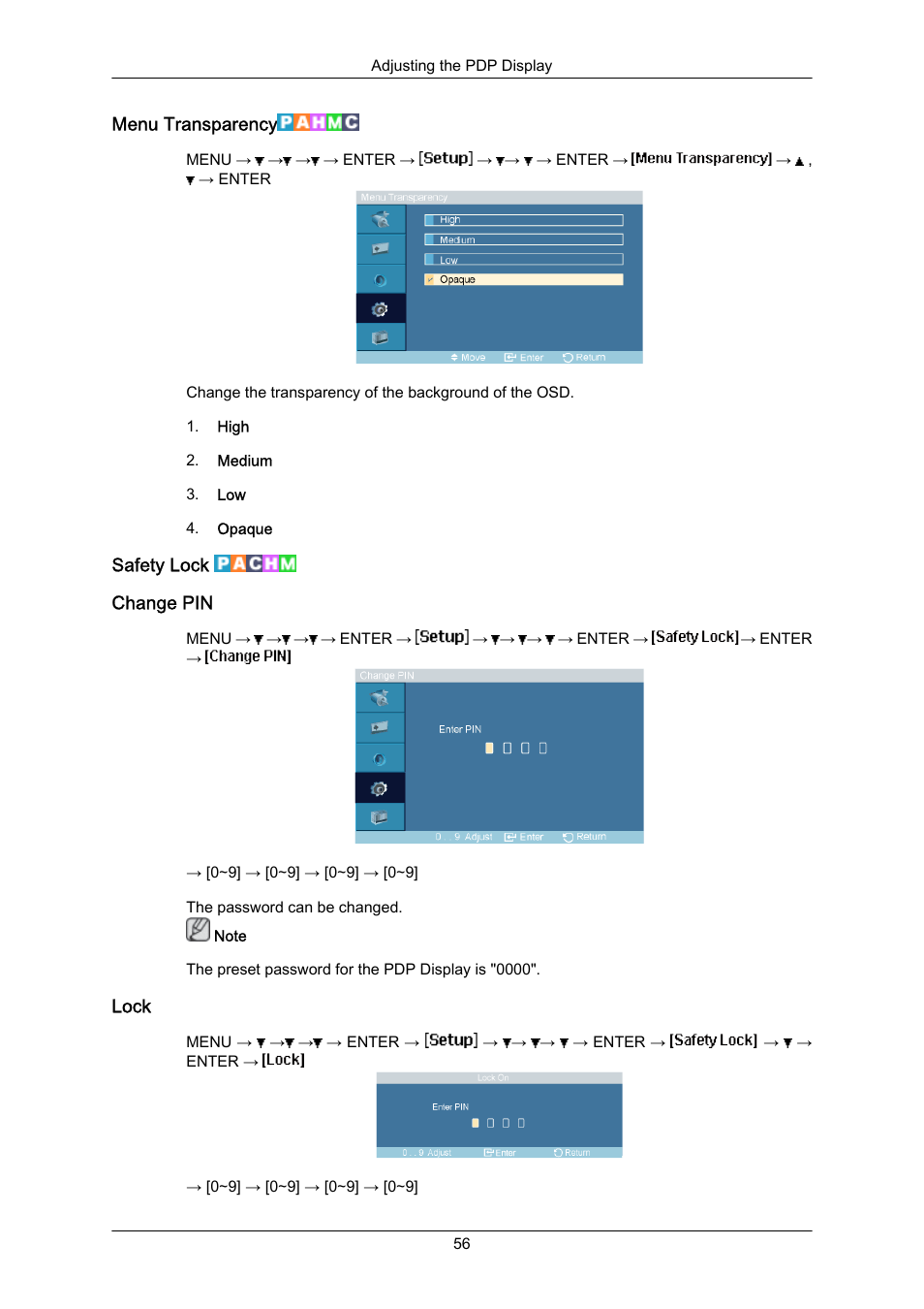 Menu transparency, Safety lock, Change pin | Lock | Samsung P63FP-2 User Manual | Page 82 / 117