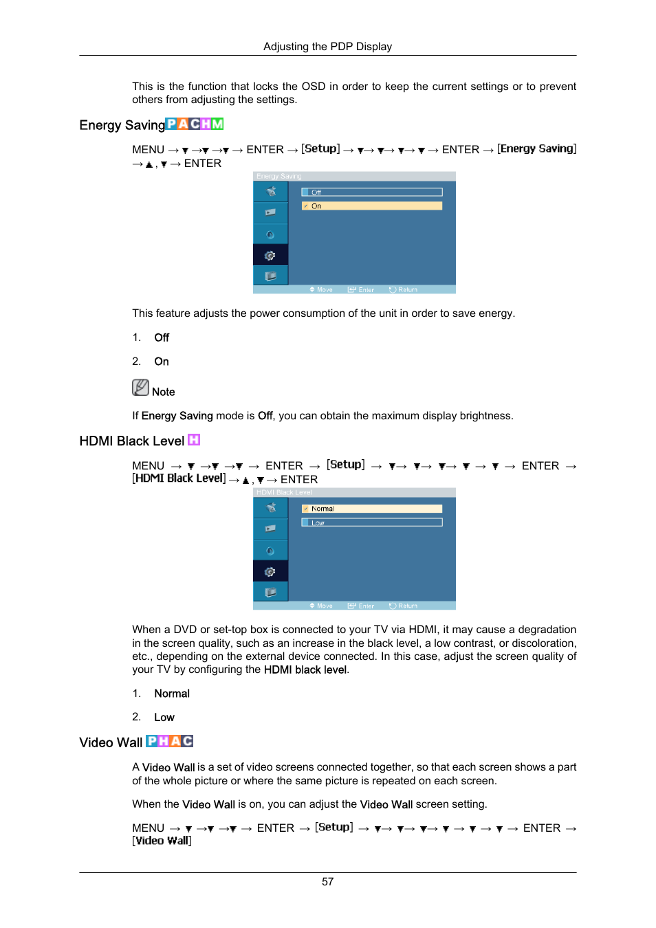 Energy saving, Hdmi black level, Video wall | Samsung P63FP-2 User Manual | Page 83 / 117