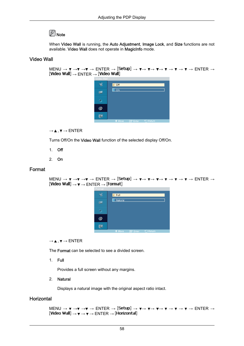 Video wall, Format, Horizontal | Samsung P63FP-2 User Manual | Page 84 / 117