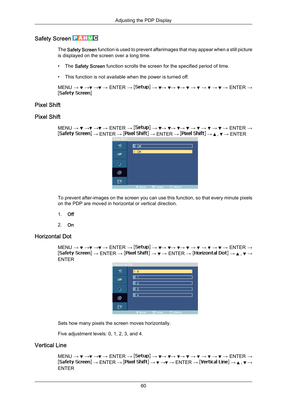Safety screen, Pixel shift, Horizontal dot | Vertical line | Samsung P63FP-2 User Manual | Page 86 / 117