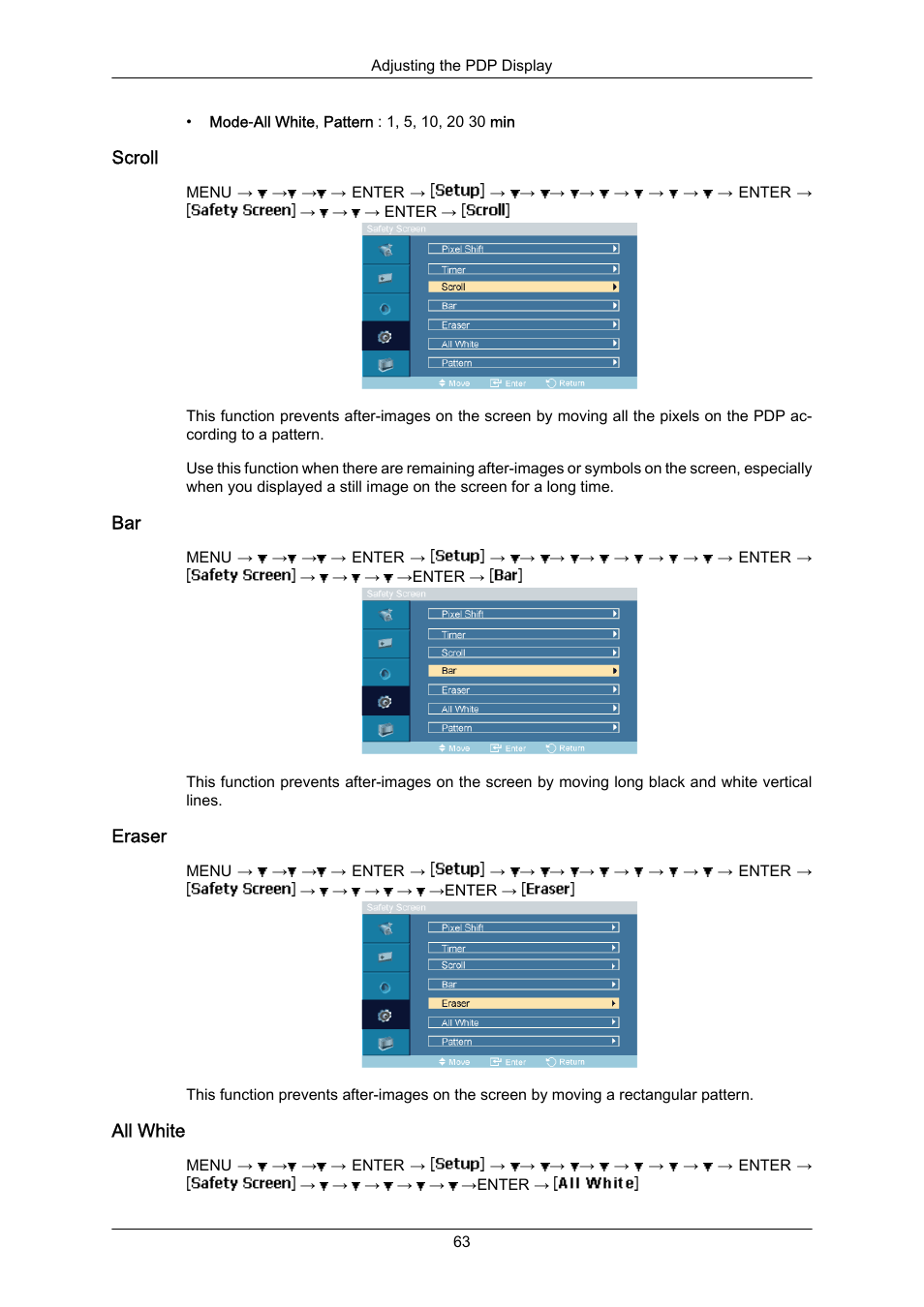 Scroll, Eraser, All white | Samsung P63FP-2 User Manual | Page 89 / 117