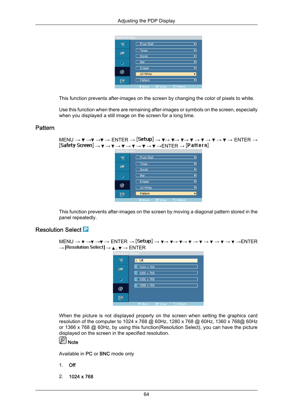 Pattern, Resolution select | Samsung P63FP-2 User Manual | Page 90 / 117