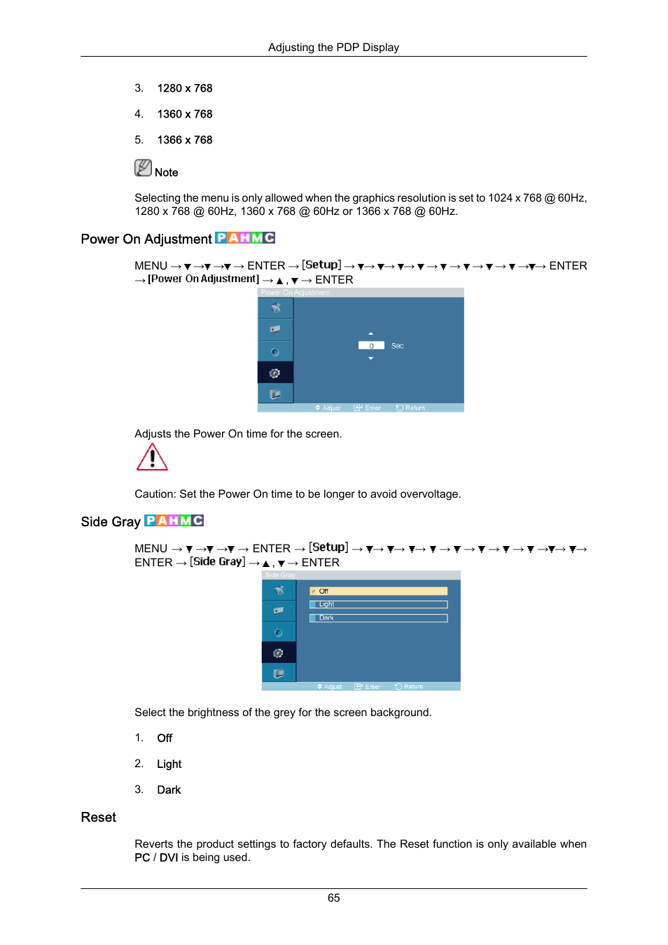 Power on adjustment, Side gray, Reset | Samsung P63FP-2 User Manual | Page 91 / 117