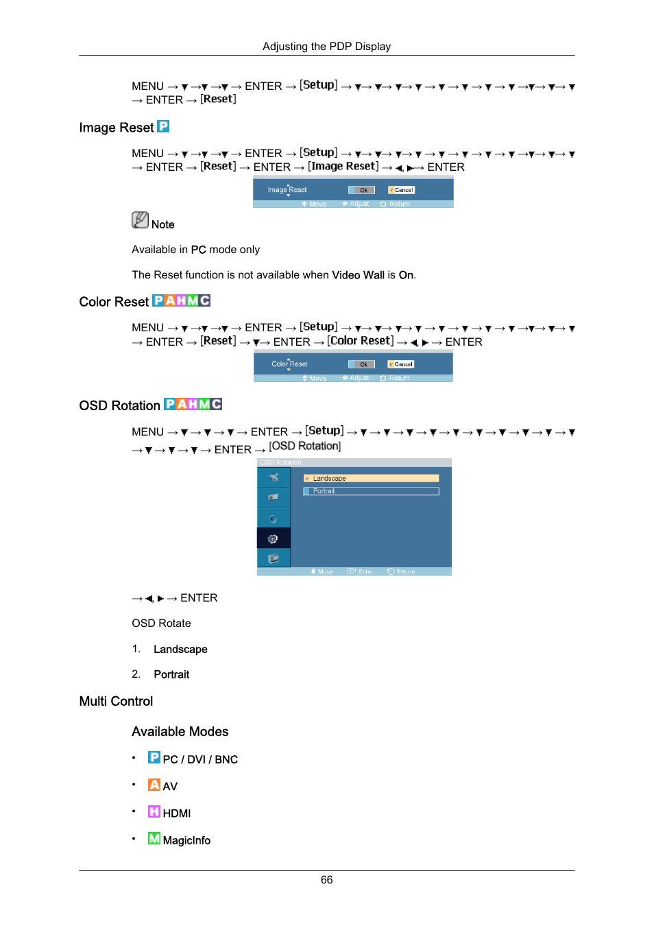 Image reset, Color reset, Osd rotation | Multi control | Samsung P63FP-2 User Manual | Page 92 / 117